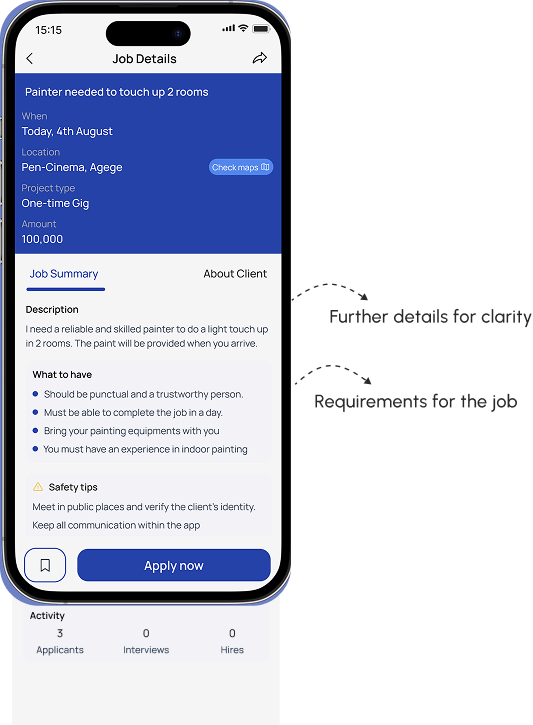 Job Summary tab showing gig description, requirements and safety tips with annotation callouts